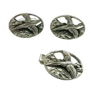 Vintage Flying Pheasant Bird Silver Tone Men's Accessories Set Cufflinks and Tie